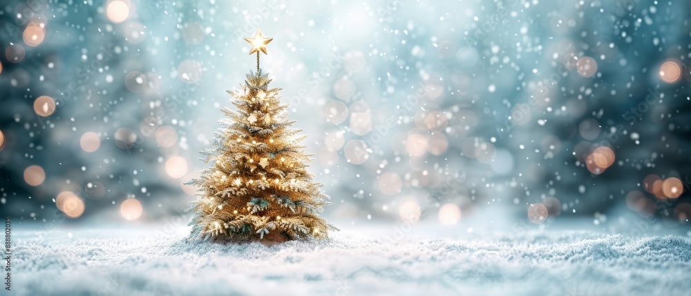 A tiny Christmas tree, crowned with a star, stands solo in a snow-laden field Lights shimmer in the background A tiny Christmas tree, crowned with a star, stands solo in a snow-laden field Lights shimmer in the background