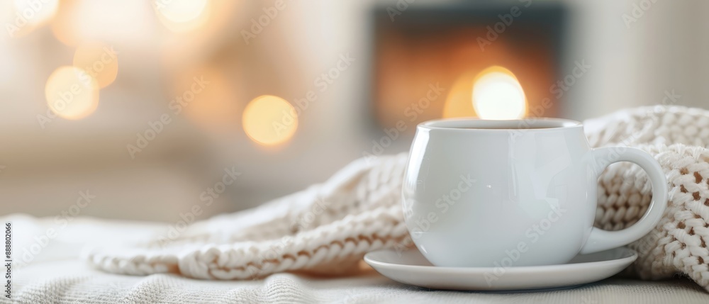 A white cup atop a matching saucer, placed next to a white knitted blanket on a bed A white cup atop a matching saucer, placed next to a white knitted blanket on a bed