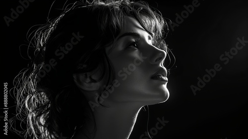 Woman Looking Upward in Black and White