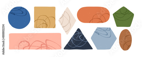 Geometric shapes set. Geometry figures, basic forms in modern style. Square, triangle, circle, rectangle with scribble drawing, design elements. Flat vector illustration isolated on white background