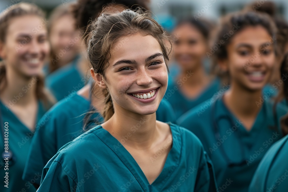 Fototapeta premium Diverse female medical students happily leaving training class in scrubs.