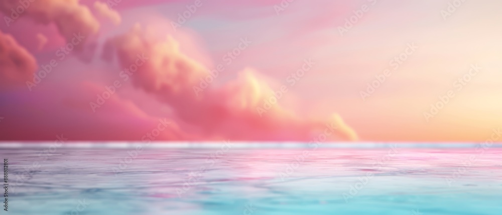 A painting of a tranquil body of water with a cloud-studded sky as its backdrop A painting of a tranquil body of water with a cloud-studded sky as its backdrop