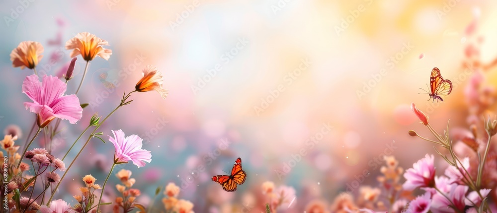 A field teeming with pink and yellow blooms A butterfly graces the top of the foreground flowers A field teeming with pink and yellow blooms A butterfly graces the top of the foreground flowers