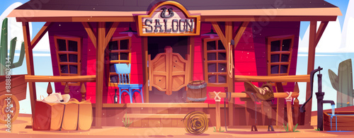 Wild west saloon building with old door vector background. Western cowboy bar with sign board in Texas. Country pub exterior and decorative landscape. Tumbleweed, chair and wine bottle on street