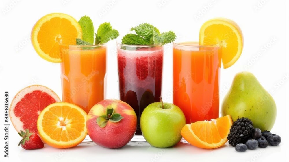 Set of fruit and vegetable and berries juice on white background ,Fresh fruit juices in glasses with straws on wooden table outdoors Set of fruit and vegetable and berries juice on white background ,Fresh fruit juices in glasses with straws on wooden table outdoors