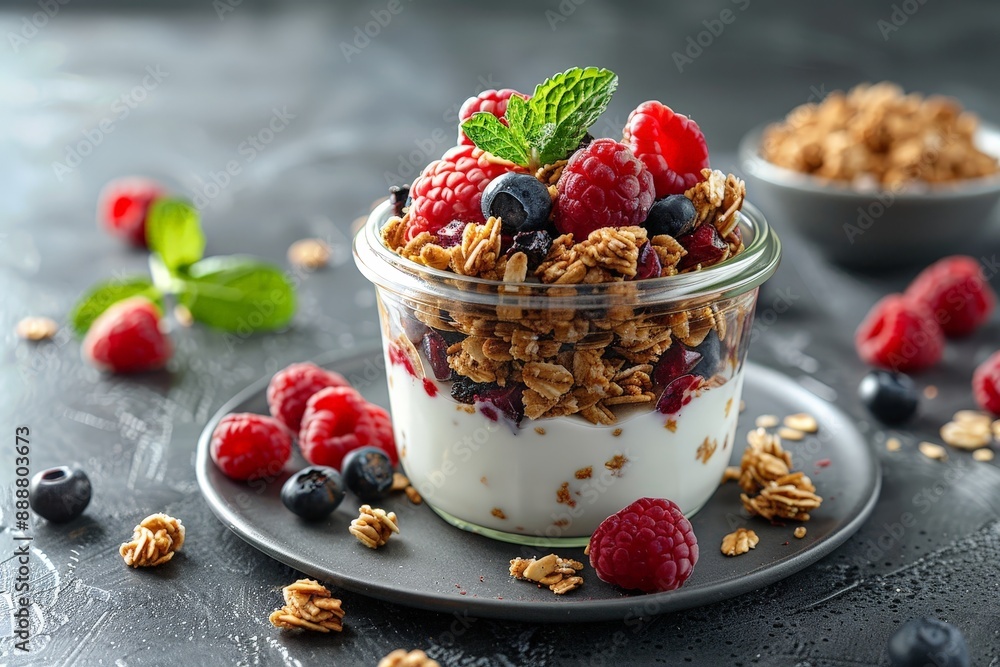 Empty yogurt container on a breakfast table with fruits and granola Empty yogurt container on a breakfast table with fruits and granola