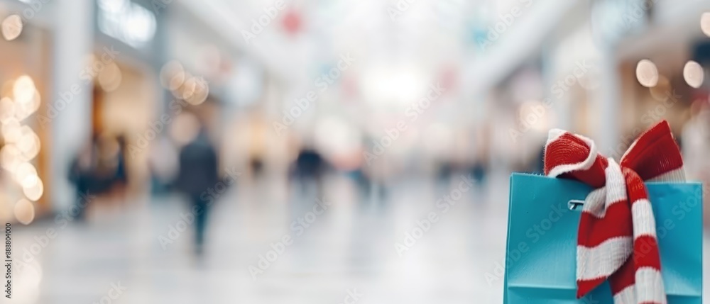 Fototapeta premium A blue shopping bag, adorned with a red and white scarf, sits on a table in a shopping mall