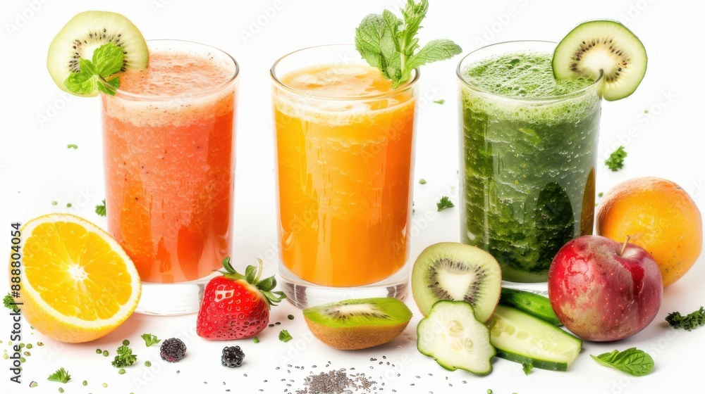 Set of fruit and vegetable and berries juice on white background ,Fresh fruit juices in glasses with straws on wooden table outdoors Set of fruit and vegetable and berries juice on white background ,Fresh fruit juices in glasses with straws on wooden table outdoors
