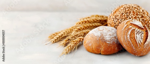  A few loaves of bread and a bunch of wheat ears on a white tablecloth