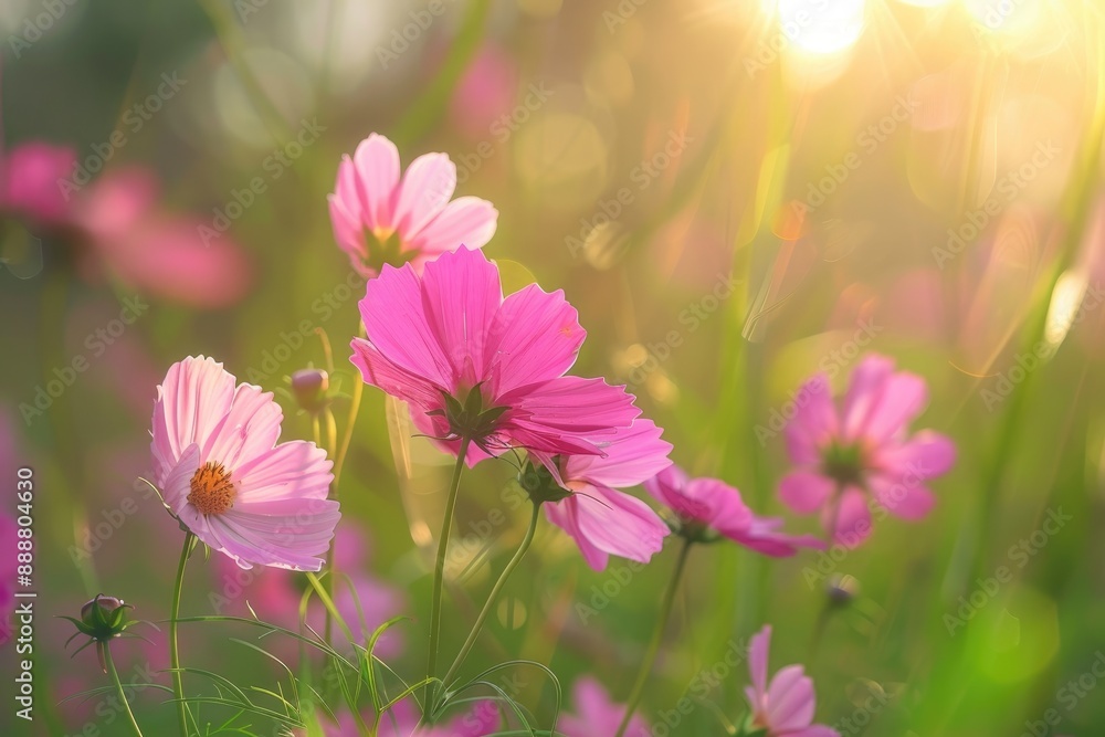 Bright cosmos flowers shining in a sunny field, Cosmos flowers swaying in a meadow, AI generated Bright cosmos flowers shining in a sunny field, Cosmos flowers swaying in a meadow, AI generated