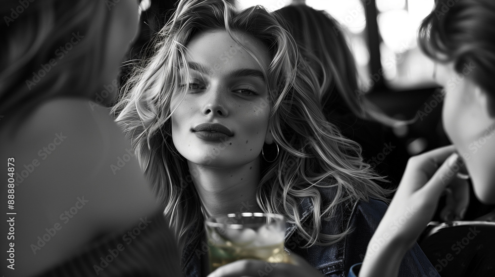 Woman Enjoying a Cocktail at a Social Gathering in Black and White Image Woman Enjoying a Cocktail at a Social Gathering in Black and White Image