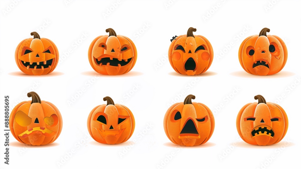 A collection of eight expressive pumpkin characters with unique faces, capturing a range of moods from joyous to frightful, perfect for Halloween decorations, children's stories, and festive graphic A collection of eight expressive pumpkin characters with unique faces, capturing a range of moods from joyous to frightful, perfect for Halloween decorations, children's stories, and festive graphic