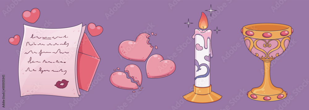 Obraz premium Romantic game ui assets and Valentine day elements - love letter with envelope and kiss sign, heart shaped bitten and broken cookies, burning candle with fire flame, golden cup with ornament.