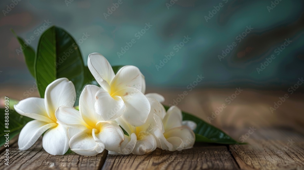 White Malai flower arranged on wooden table with studio lighting and copy space White Malai flower arranged on wooden table with studio lighting and copy space