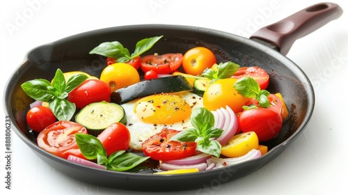 Vegetable medley with tomatoes zucchini peppers onions eggplant and egg in a frying pan on a white background