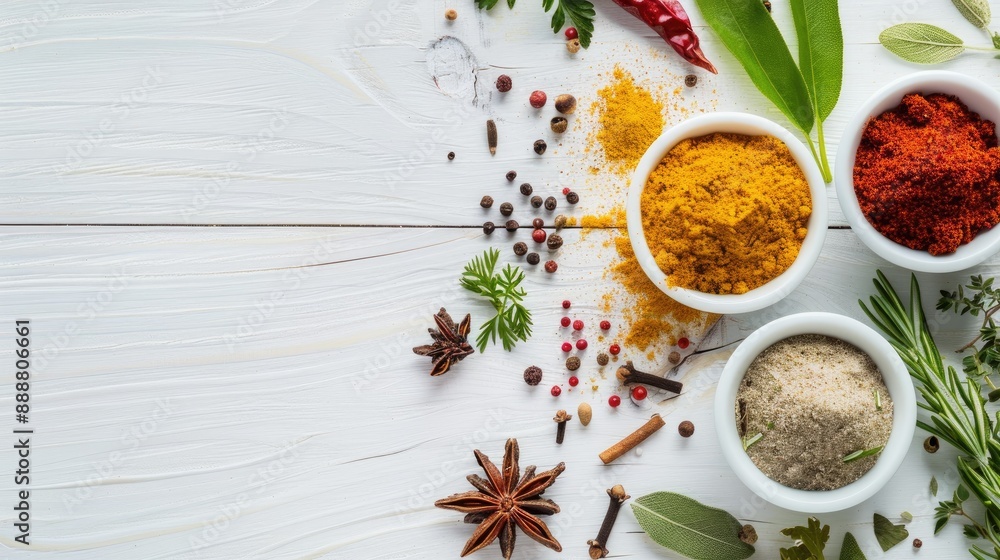 Preparing spices and herbs on a white wooden table with copy space Preparing spices and herbs on a white wooden table with copy space