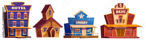 Vintage wooden buildings for wild west town or village landscape creation. Cartoon vector illustration set of retro western American architecture facade - hotel and church, sheriff office and bank.