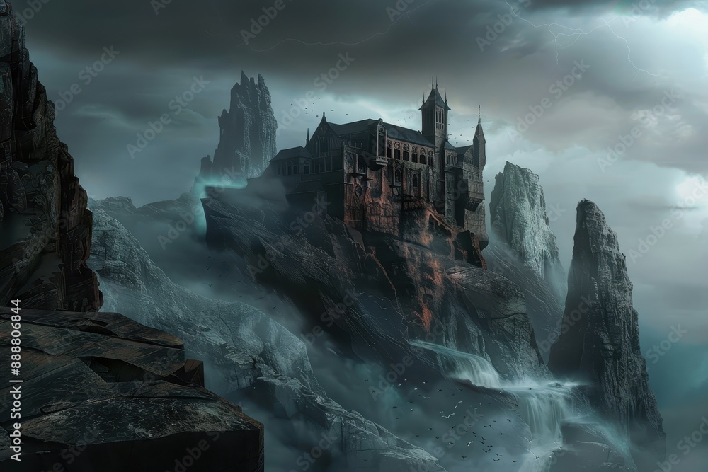 Fototapeta premium Mysterious Gothic Castle Perched on Rocky Cliffs Amidst Stormy Skies