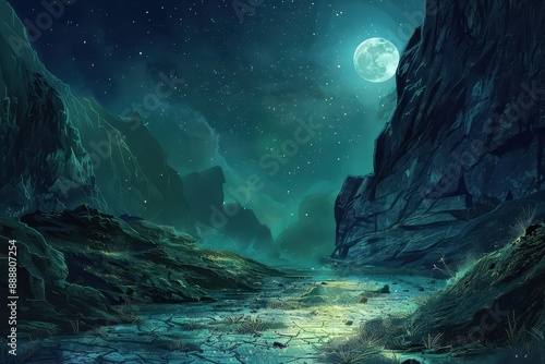 Mysterious moonlit mountain valley landscape with glowing rocks photo