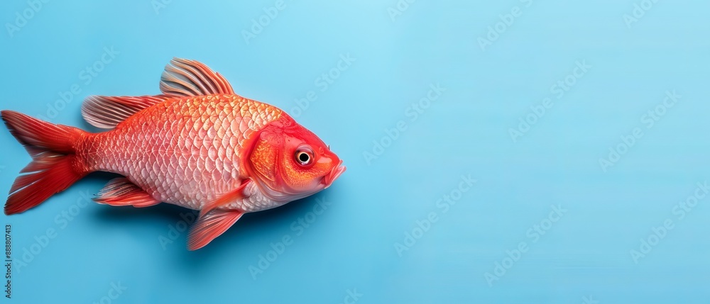 A goldfish against a blue backdrop, its head mirrored in the fish's eye via reflection A goldfish against a blue backdrop, its head mirrored in the fish's eye via reflection