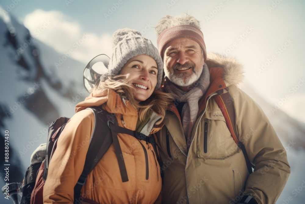 middle-aged couple dressed warmly in winter gear, smiling while hiking in a snowy mountainous landscape, enjoying an adventurous day together middle-aged couple dressed warmly in winter gear, smiling while hiking in a snowy mountainous landscape, enjoying an adventurous day together