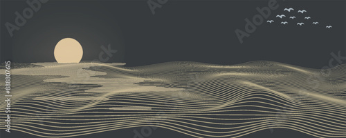 Vector abstract art landscape mountain with birds and sunrise sunset by blue line art texture isolated on white beige earth tone background. Minimal luxury style for wallpaper, wall art decoration.