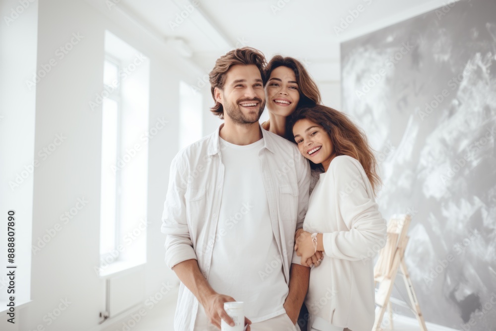 Three friends in a bright, modern room, smiling and embracing, dressed in casual white attire, exuding happiness and togetherness Three friends in a bright, modern room, smiling and embracing, dressed in casual white attire, exuding happiness and togetherness