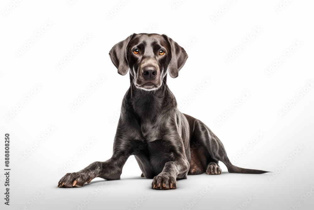 sleek black and brown dog lying down, looking directly at the camera with a serious expression. The white background highlights the dog's glossy fur and sharp features sleek black and brown dog lying down, looking directly at the camera with a serious expression. The white background highlights the dog's glossy fur and sharp features