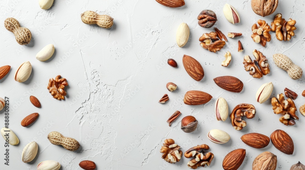Various tasty nuts on white surface top view Room for text Various tasty nuts on white surface top view Room for text