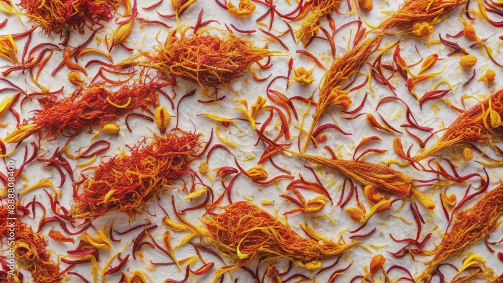 Vibrant, intricate patterns of saffron gold and clove crimson dance across a pure white background, evoking warmth and rich culinary heritage. Vibrant, intricate patterns of saffron gold and clove crimson dance across a pure white background, evoking warmth and rich culinary heritage.