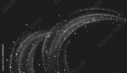Snow swirls isolated on white background. Vector realistic illustration of shimmering white powder flying in darkness, frosty winter air during snowstorm, magic snowflakes vortex sparkling at night