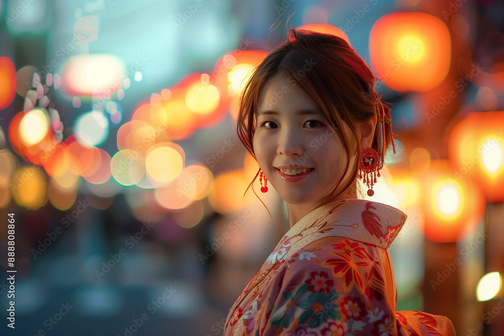 Japanese Woman in Kimono at Night Festival Japanese Woman in Kimono at Night Festival