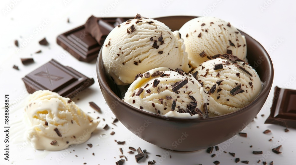 Vanilla ice cream with chocolate in a bowl on a white background Vanilla ice cream with chocolate in a bowl on a white background