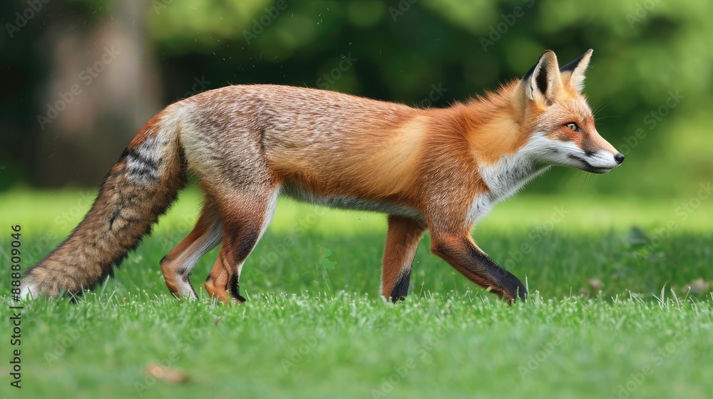 Slim red fox strolling on grass Slim red fox strolling on grass