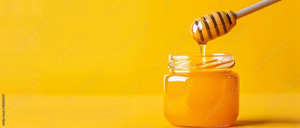 A honey jar, brimming with golden honey, and a weathered wooden dipper immersed, its handle protruding A honey jar, brimming with golden honey, and a weathered wooden dipper immersed, its handle protruding