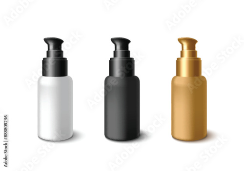 Cosmetic pump bottles set isolated on background. Vector realistic illustration of 3D white, black, golden container with dispenser, face skin beauty care product mockup with blank space for branding