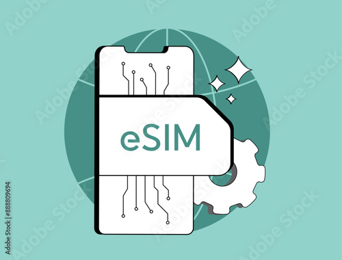 eSIM technology - digital SIM card for mobile phones. Embedded SIM for global roaming and smartphone network access. Isolated flat modern vector illustration with icons