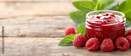 Wallpaper Mural  A glass jar, brimming with raspberry jam, rests atop a weathered wooden table Red raspberries and fragrant mint leaves encircle it Torontodigital.ca