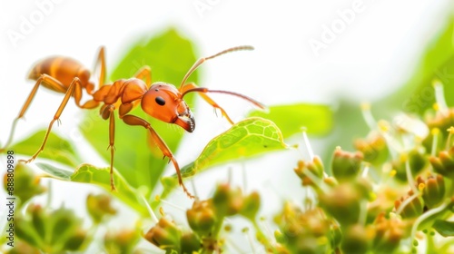 Close-up macro shot of an ant carrying food, detailed textures and vibrant colors, sharp and clear © Vanchlerm
