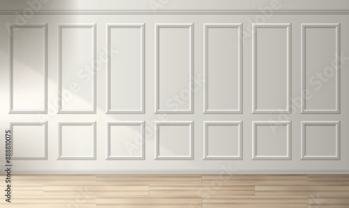 Classic white wall with wooden frames. Vector realistic illustration elegant room design with natural oak wood floor, vintage interior panels with molding decoration and baseboard, seamless background