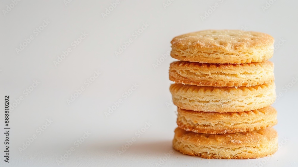 Three round biscuits stacked on white background with space for text Three round biscuits stacked on white background with space for text