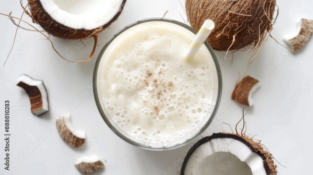 Coconut juice in half sliced of fresh young coco nut fruit and glass of coconut water isolated on Coconut juice in half sliced of fresh young coco nut fruit and glass of coconut water isolated on