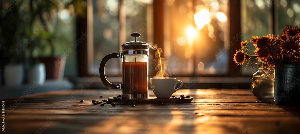 Golden Sunrise Pour: Captivating Coffee Break with French Press and Mug on Rustic Table