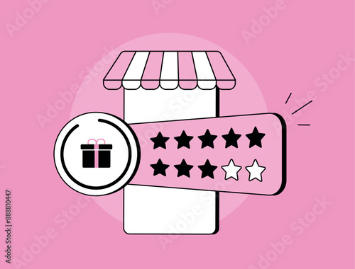 E-commerce loyalty program with physical or digital stamp card rewards scheme. Customer retention management with loyalty card marketing. Isolated flat modern vector illustration with icons