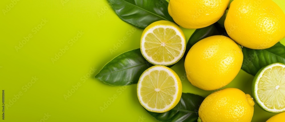 A collection of lemons with vibrant green leaves against a luminous green backdrop Text or image insertion here A collection of lemons with vibrant green leaves against a luminous green backdrop Text or image insertion here