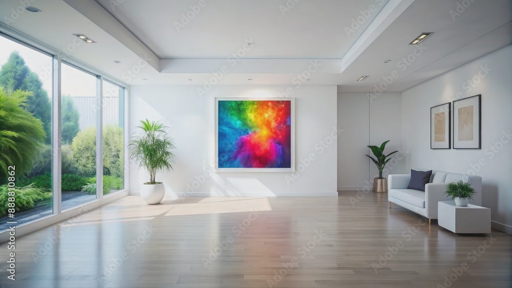 Fototapeta premium Minimalist white room with empty walls features a large digital art frame with vibrant colors in a modern setting.