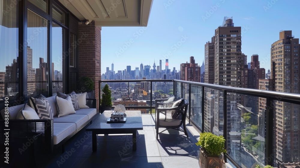 Obraz premium Chic apartment balcony with contemporary decor, overlooking a breathtaking urban landscape.