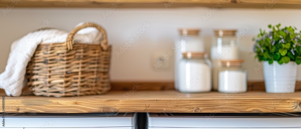 A basket atop a wooden shelf, housing bottles of milk and a vase with a planted flower A basket atop a wooden shelf, housing bottles of milk and a vase with a planted flower