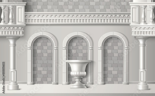 Classic antique building facade. Vector realistic illustration of brick and stone palace exterior wall decorated with vase sculpture, arches, balustrade on balconies, elegant white marble architecture