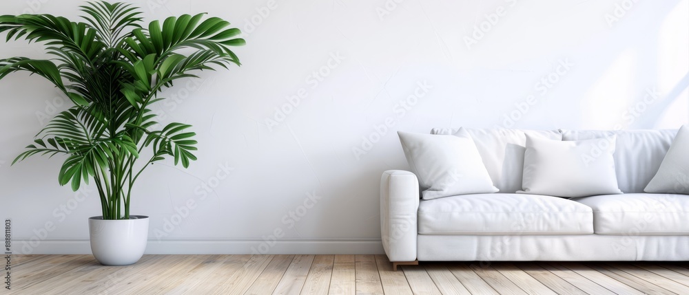 A living room featuring a white couch and a potted plant in the corner on a polished wooden floor A living room featuring a white couch and a potted plant in the corner on a polished wooden floor